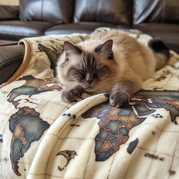 a cat is sleeping on a blanket with a world map on it