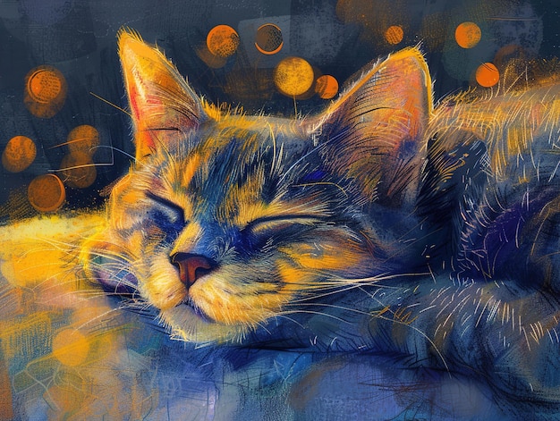 a cat is sleeping on a blue surface with the colors of the sun on it