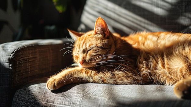 a cat is sleeping on a couch with its eyes closed