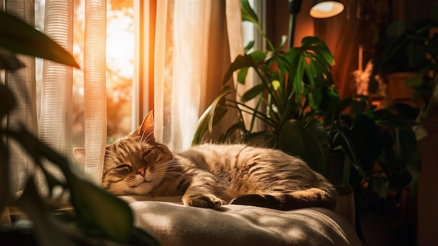 a cat is sleeping on a couch with the sun shining through the curtains