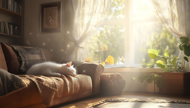 Photo a cat is sleeping on a couch with the sun shining through the window