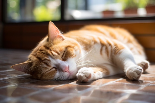 a cat is sleeping on the floor by a window