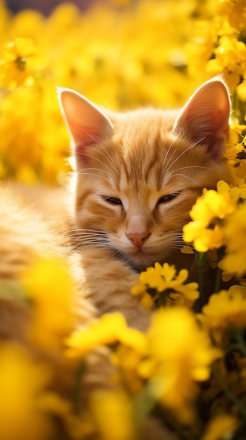 Photo a cat is sleeping in the flowers