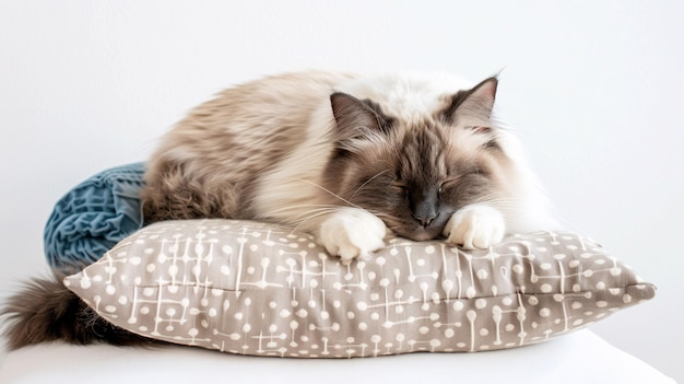 a cat is sleeping on a pillow with a pattern on the pillow