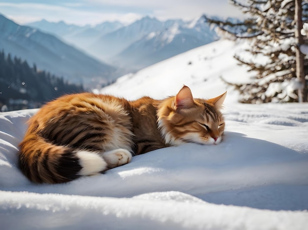 a cat is sleeping in the snow with a snowy mountain in the background