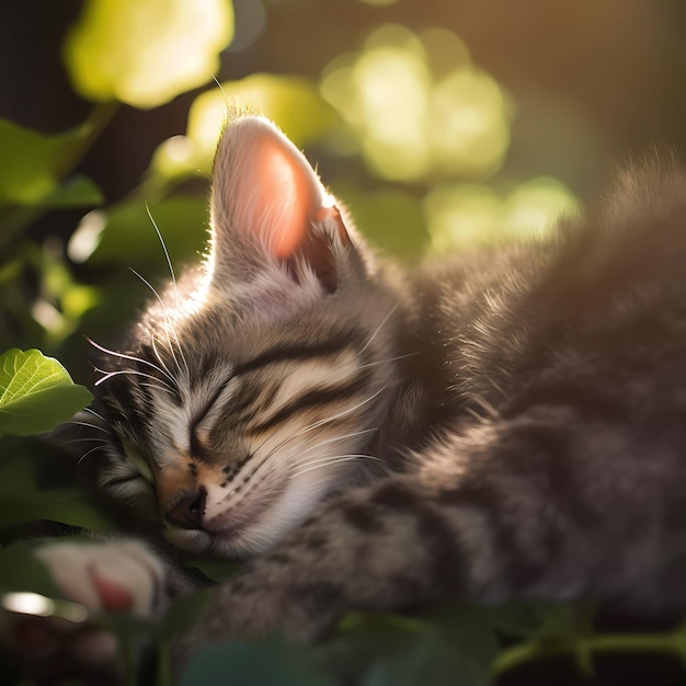 A cat is sleeping on some leaves and the sun is shining on it.