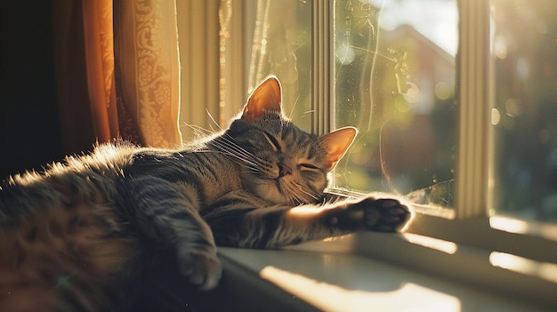 a cat is sleeping on a window sill with a plant in the background