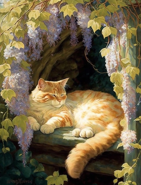 A cat is sleeping in a wisteria painting by person