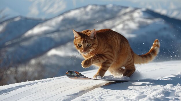 a cat is on a snowboard with the word quot w quot on it