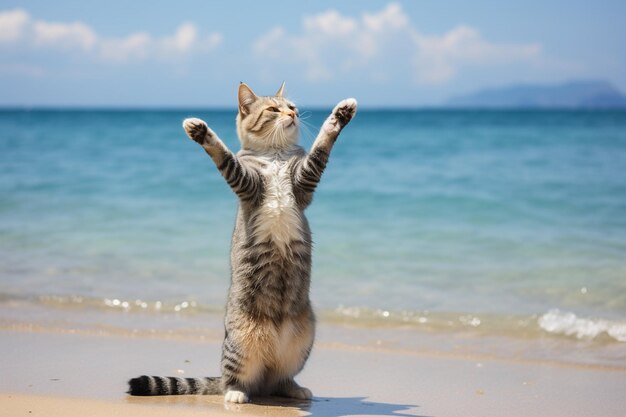 Photo a cat is standing on the beach and is reaching up to the sky