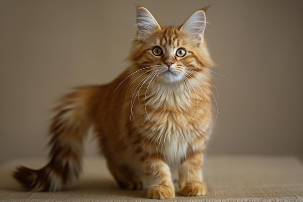 a cat is standing on a carpet with a white patch on its chest