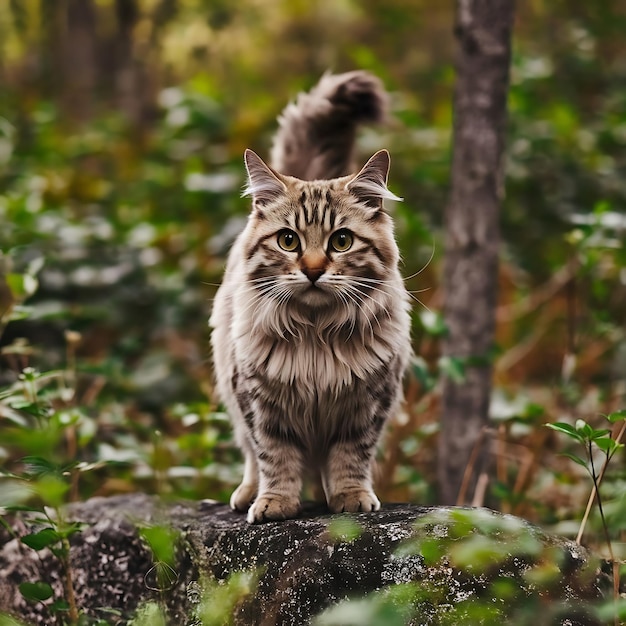 a cat is standing on a log in the woods