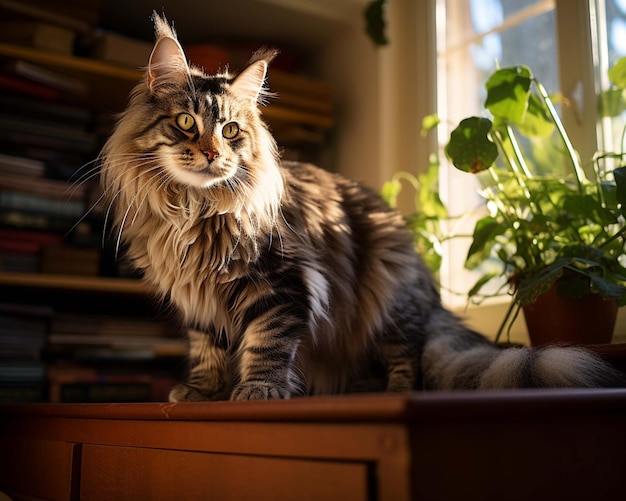 a cat is standing on a table and looking at the camera