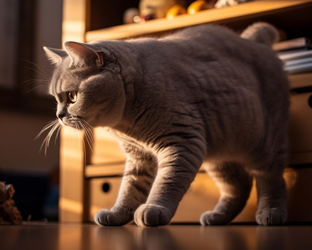 a cat is standing on a table and looking up