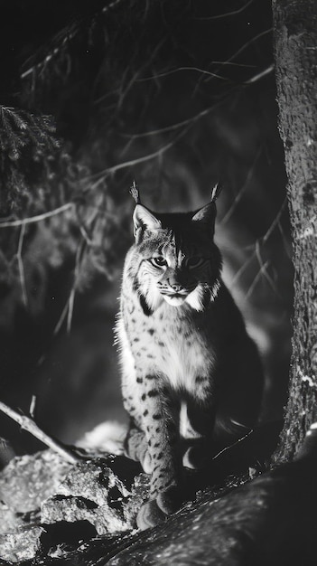 Photo a cat is standing in a tree and looking into the camera