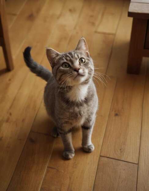 a cat is standing on a wooden floor and looking up