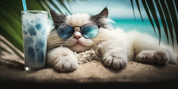 Cat is on summer vacation at seaside resort and relaxing rest on summer beach of Hawaii