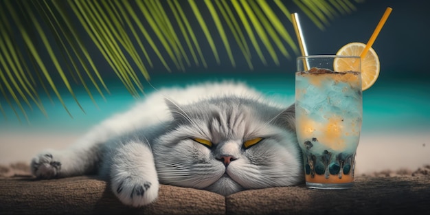 Cat is on summer vacation at seaside resort and relaxing rest on summer beach of Hawaii