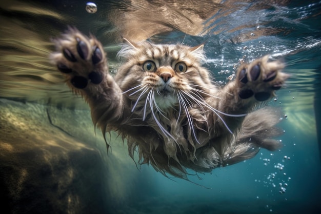 Cat is swimming undewater Beautiful illustration picture Generative AI