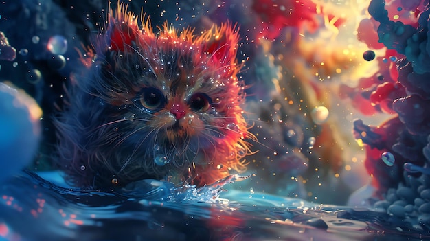 Photo a cat is swimming in the water with the colors of the rainbow