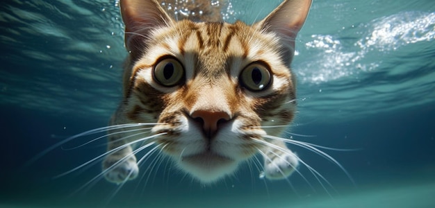 A cat is swimming under water