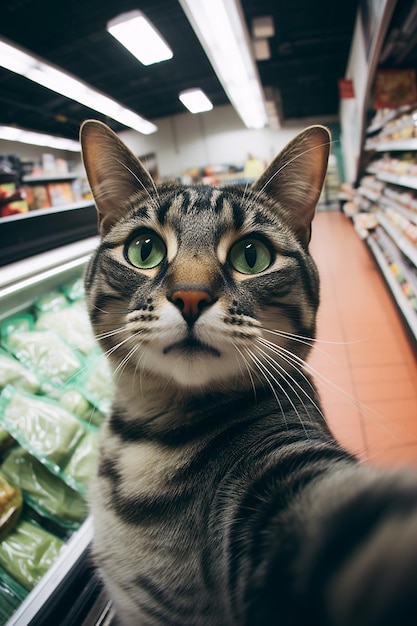 A cat is taking a selfie in a grocery store.