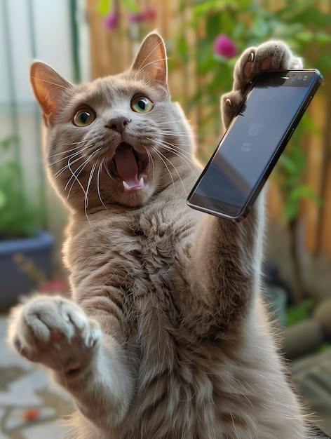 A cat is using its paws to hold a mobile phone in this image