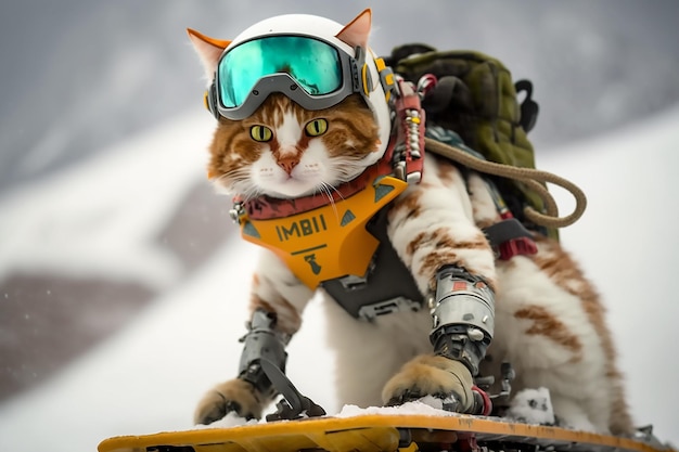 The cat is on vacation snowboarding in the mountains AI generated