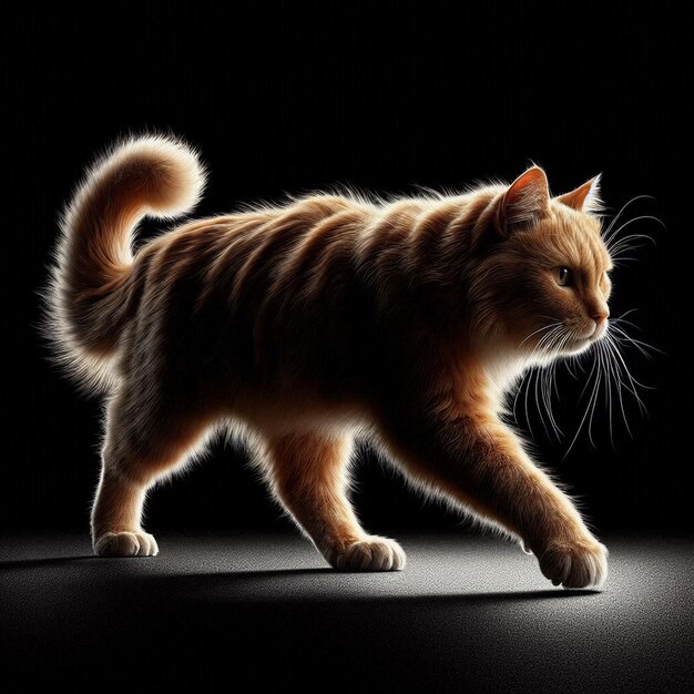 a cat is walking on a black background with a black background