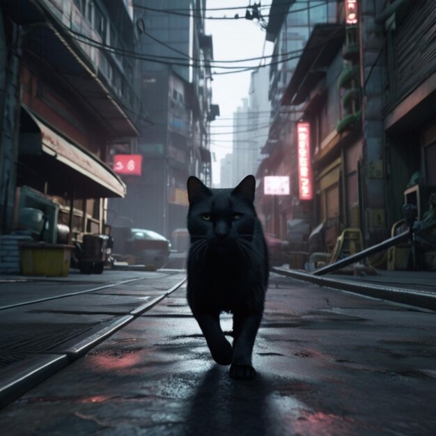 a cat is walking down a street in a city