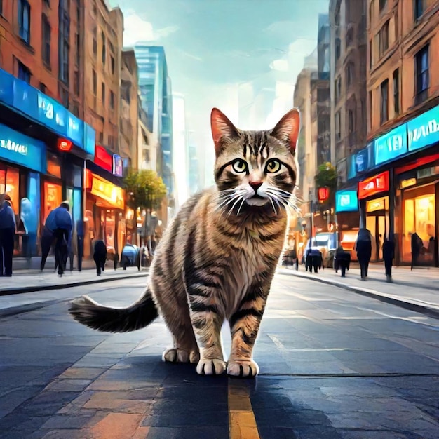 a cat is walking down the street in front of a store