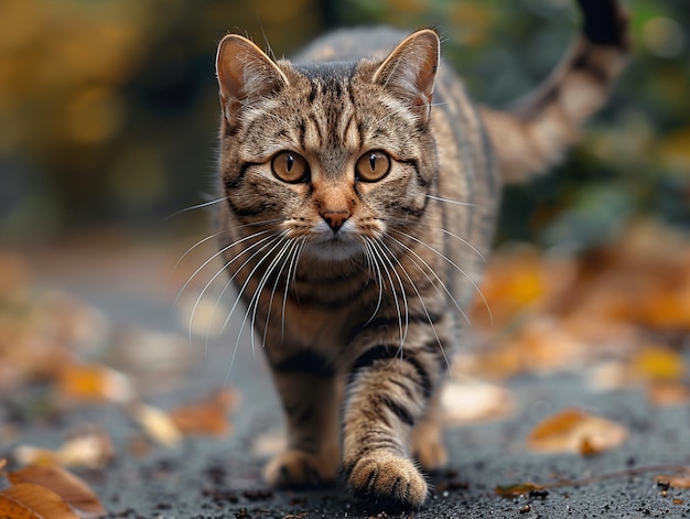 a cat is walking on a path with leaves and a blurry background