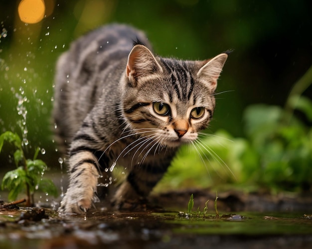 a cat is walking in the rain with a blurry background.