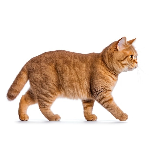 A cat is walking on a white background