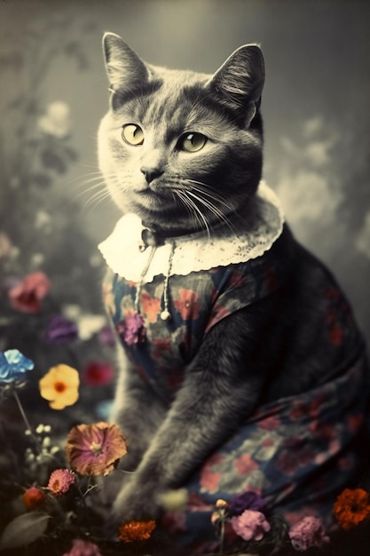 A cat is wearing a dress that has a flower pattern on it.