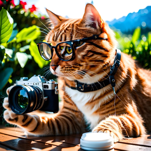 The cat is wearing glasses and its owner is taking a photo of it The cat looks very cute and the ow