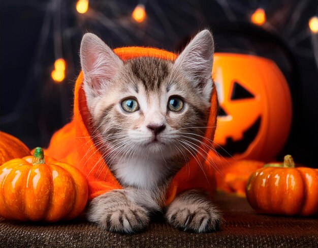 Photo a cat is wearing a halloween costume and is sitting on a table