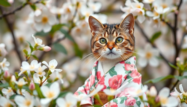 a cat is wearing a kimono and has a floral pattern on its face