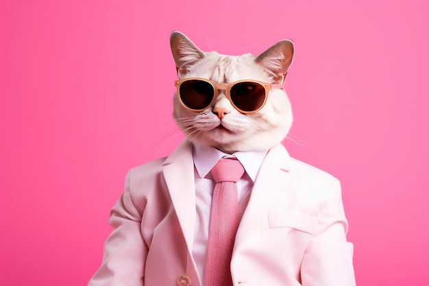 A cat is wearing sunglasses and suit on Pink Background