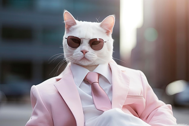 A cat is wearing sunglasses suit and standing on street