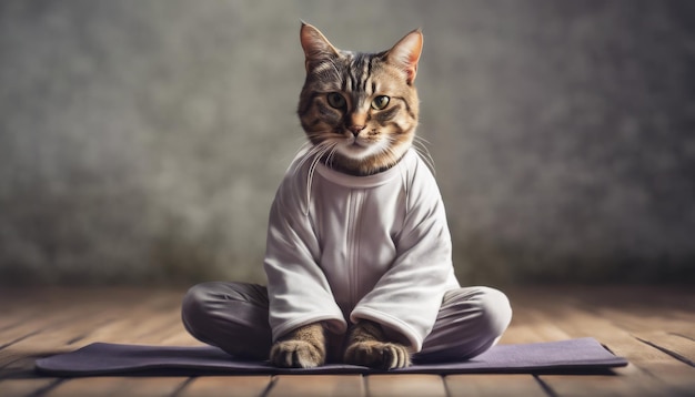 Photo a cat is wearing a white shirt and pants and sitting on a yoga mat