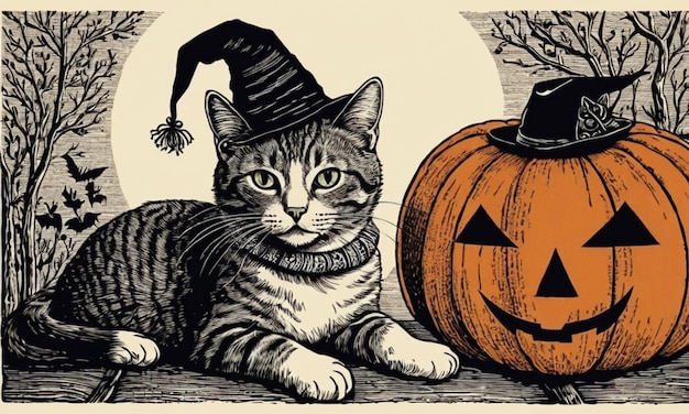 Photo a cat is wearing a witch hat and a pumpkin