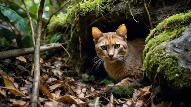 Photo a cat is in the woods with the leaves on the ground