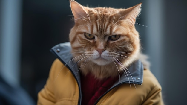 A cat in a jacket is wearing a jacket that says'cat '