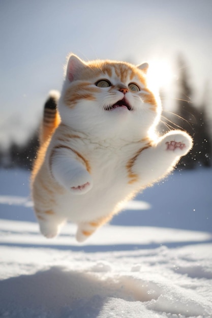 Cat jumping in the air in the snow generative ai