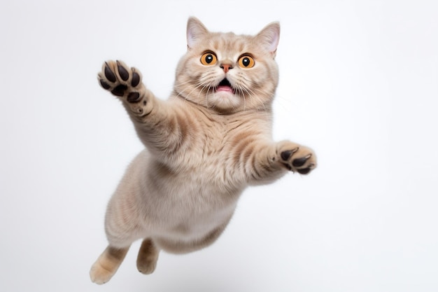 a cat jumping in the air with its paws up