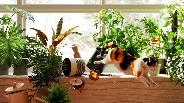 A cat jumps over a plant pot in front of a window.