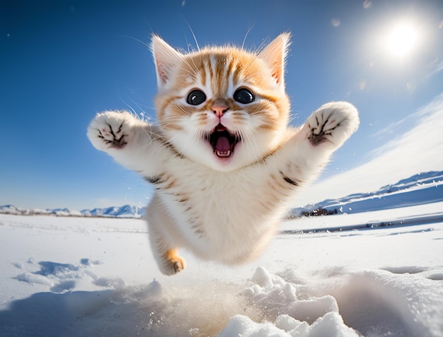 A cat jumps in the snow with its mouth open.