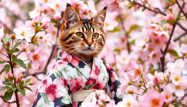 a cat in a kimono is standing in a tree with flowers