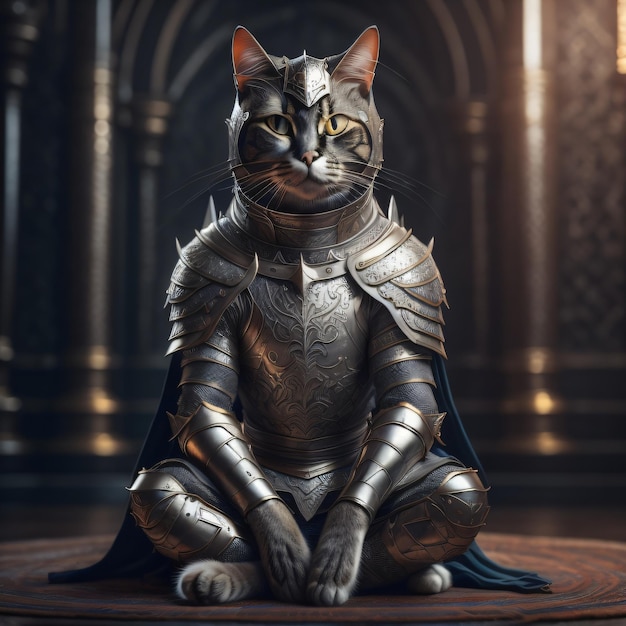 A cat in a knight armor sits on a round table.